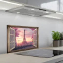 Doorkijk - Parijs - Eiffeltoren - Roze - Kersenbloesem keuken achterwand spatscherm klein -3d_schuin