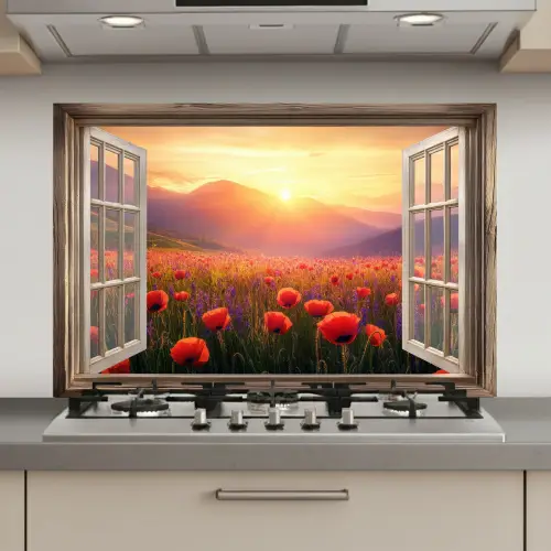 Doorkijk - Klaprozen - Bloemen - Rood - Open raam keuken achterwand spatscherm klein -3d_website