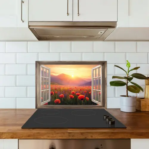 Doorkijk - Klaprozen - Bloemen - Rood - Open raam keuken achterwand spatscherm klein -sfeer2