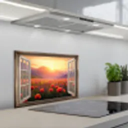Doorkijk - Klaprozen - Bloemen - Rood - Open raam keuken achterwand spatscherm klein -3d_schuin