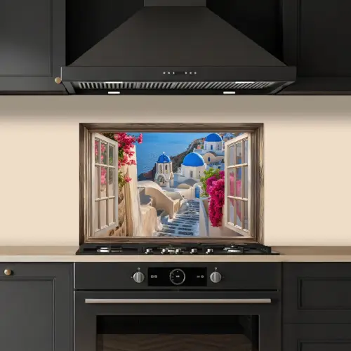Doorkijk - Santorini - Landschap - Blauw - Grieks keuken achterwand spatscherm klein -sfeer1