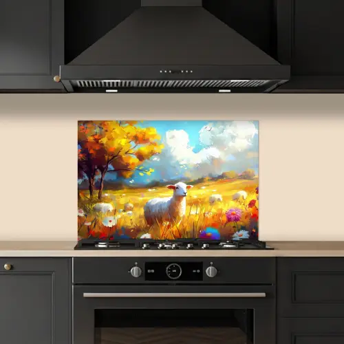 Schaap - Weide - Bloemen keuken achterwand spatscherm klein -sfeer1