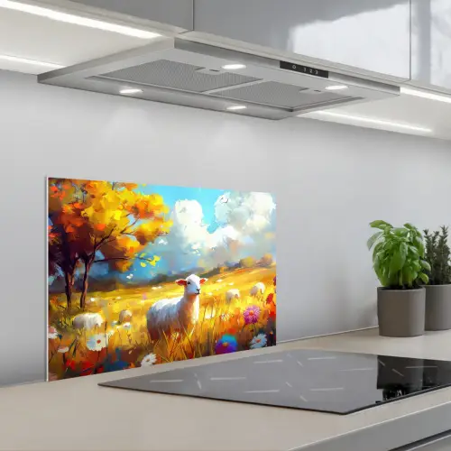 Schaap - Weide - Bloemen keuken achterwand spatscherm klein -3d_schuin