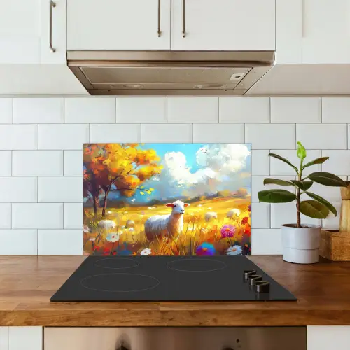 Schaap - Weide - Bloemen keuken achterwand spatscherm klein -sfeer2
