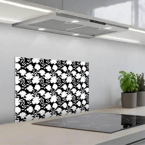 Silhouet - Bloemen - Wit - Zwart keuken achterwand spatscherm klein 900 -3d_schuin