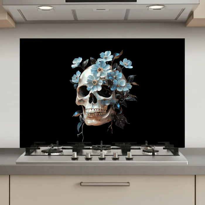 Schedel - Blauw - Bloemen - Bladeren keuken achterwand spatscherm klein -3d_website