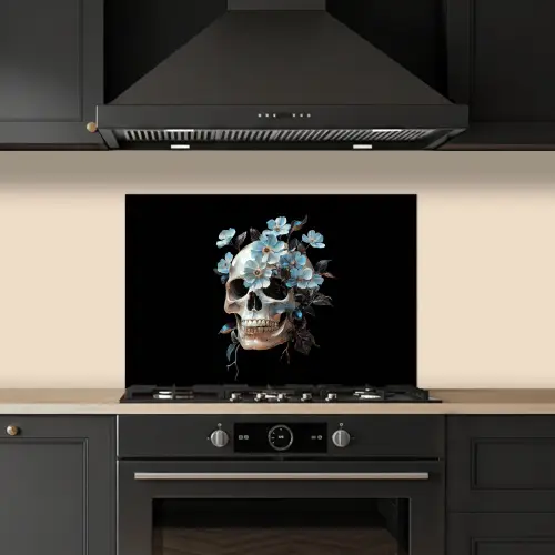 Schedel - Blauw - Bloemen - Bladeren keuken achterwand spatscherm klein -sfeer1