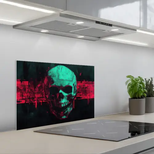 Schedel - Cyberpunk - Neon Rood keuken achterwand spatscherm klein -3d_schuin