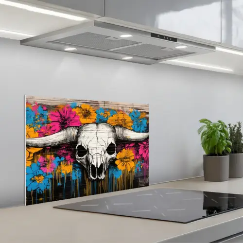 Schedel - Bloemen - Graffiti keuken achterwand spatscherm klein -3d_schuin