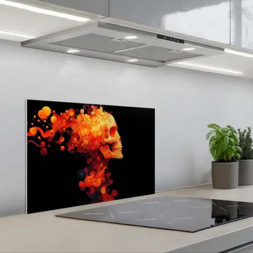 Schedel - Oranje - Zijaanzicht - Vlammen keuken achterwand spatscherm klein -3d_schuin