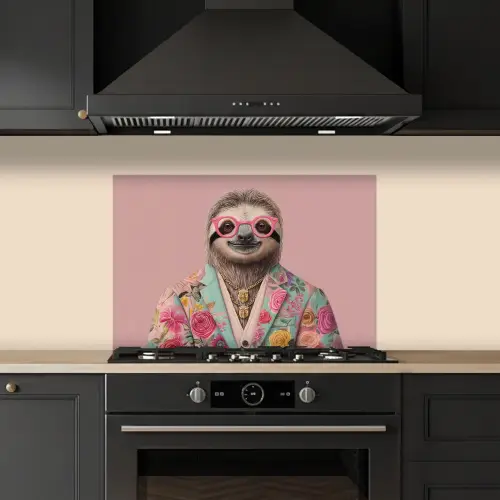 Luiaard - Bloemenprint - Bril - Roze keuken achterwand spatscherm klein -sfeer1