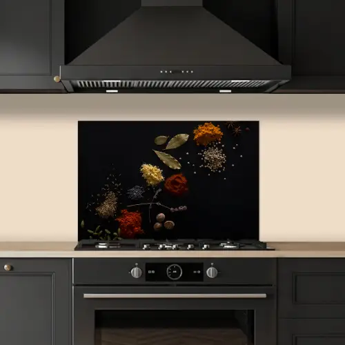 Specerijen - Kruiden - Noten - Lavendel - Zwart keuken achterwand spatscherm klein -sfeer1
