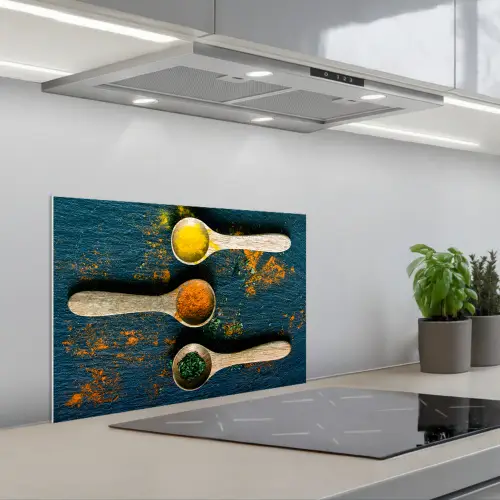 Specerijen - Lepel - Kruiden - Bruin - Geel - Groen keuken achterwand spatscherm klein -3d_schuin
