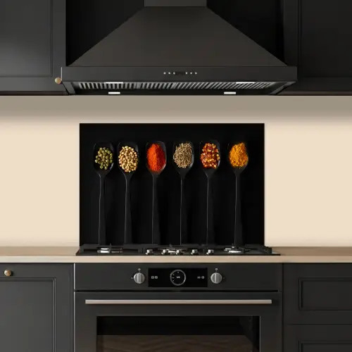 Lepels - Specerijen - Zwart - Kruiden - Rustiek keuken achterwand spatscherm klein -sfeer1
