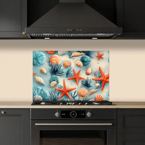 Zeesterren - Schelpen - Illustratie - Zand keuken achterwand spatscherm klein -sfeer1