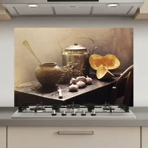Stilleven - Pompoen - Knoflook - Pan - Tafel keuken achterwand spatscherm klein -3d_website