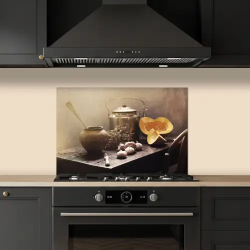 Stilleven - Pompoen - Knoflook - Pan - Tafel keuken achterwand spatscherm klein -sfeer1