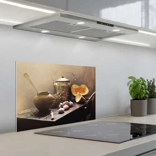 Stilleven - Pompoen - Knoflook - Pan - Tafel keuken achterwand spatscherm klein -3d_schuin