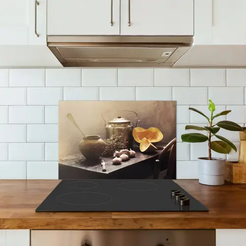 Stilleven - Pompoen - Knoflook - Pan - Tafel keuken achterwand spatscherm klein -sfeer2