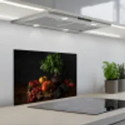 Stilleven - Tomaten - Basilicum - Schilderij - Groente - Zwart keuken achterwand spatscherm klein -3d_schuin