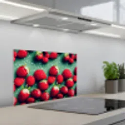 Aardbeien - Rood - Groen - Kroontjes keuken achterwand spatscherm klein 900 -3d_schuin
