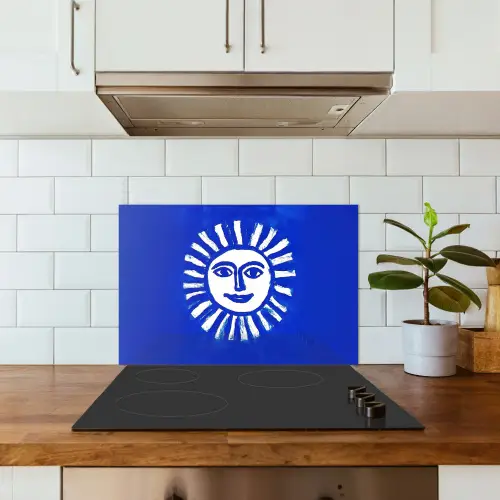 Zon - Gezicht - Penseelstructuur - Blauw keuken achterwand spatscherm klein -sfeer2