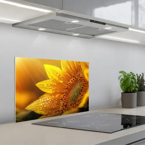 Zonnebloem - Dauwdruppels - Geel - Zonlicht keuken achterwand spatscherm klein -3d_schuin