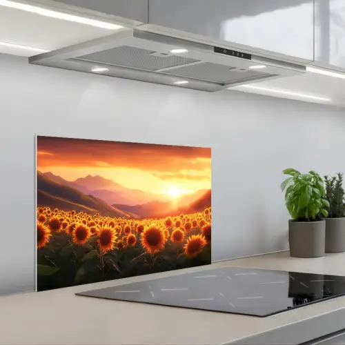 Zonnebloemen - Zonsondergang - Landschap keuken achterwand spatscherm klein -3d_schuin