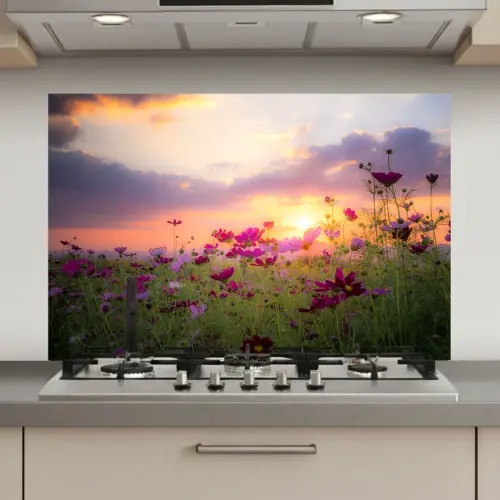 Zonsondergang - Bloemen - Roze - Natuur - Groen keuken achterwand spatscherm klein -3d_website