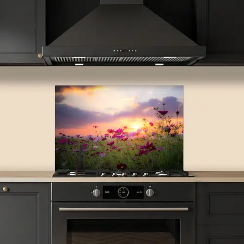 Zonsondergang - Bloemen - Roze - Natuur - Groen keuken achterwand spatscherm klein -sfeer1