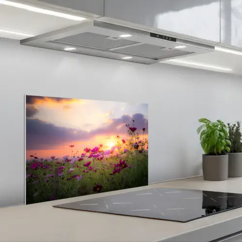 Zonsondergang - Bloemen - Roze - Natuur - Groen keuken achterwand spatscherm klein -3d_schuin