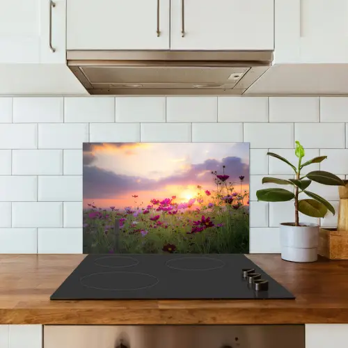 Zonsondergang - Bloemen - Roze - Natuur - Groen keuken achterwand spatscherm klein -sfeer2