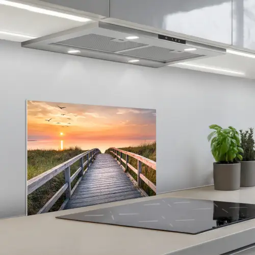 Zonsonderang - Zee - Pad - Gras - Duin - Vogels keuken achterwand spatscherm klein -3d_schuin