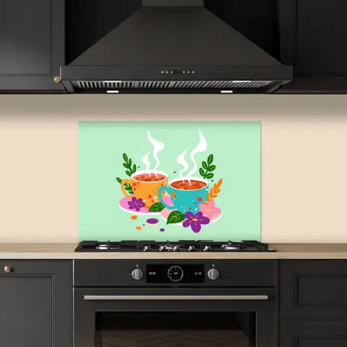 Thee - Illustratie - Kopjes - Bloemen keuken achterwand spatscherm klein -sfeer1