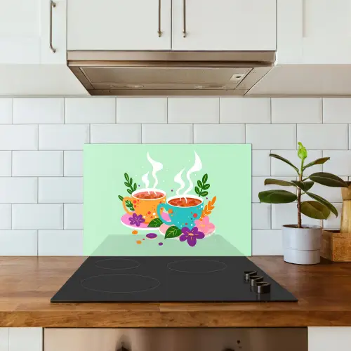 Thee - Illustratie - Kopjes - Bloemen keuken achterwand spatscherm klein -sfeer2