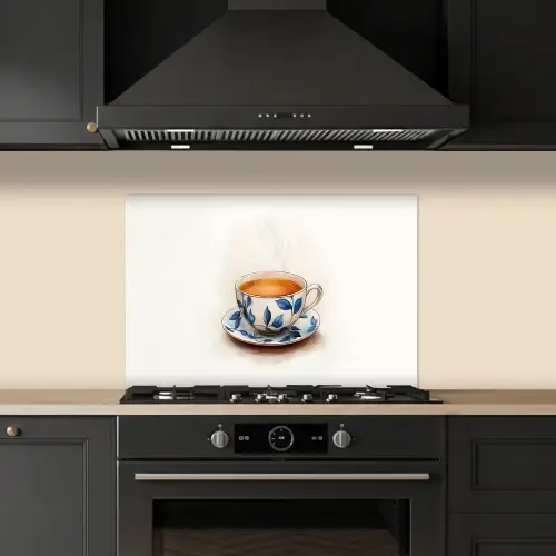 Theekop - Bladeren - Blauw keuken achterwand spatscherm klein -sfeer1