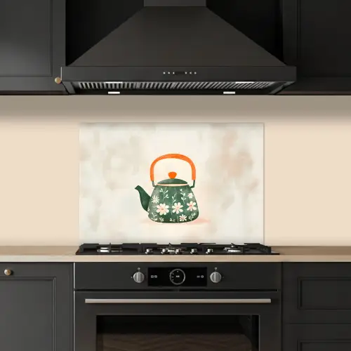Theepot - Groen - Bloemen - Oranje keuken achterwand spatscherm klein -sfeer1