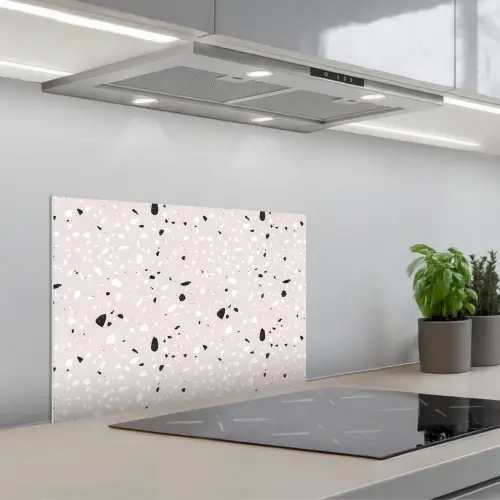 Terrazzo - Patroon - Zacht - Zwart - Wit keuken achterwand spatscherm klein 900 -3d_schuin