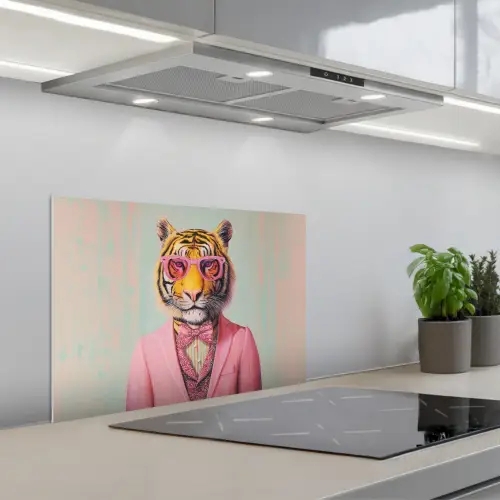 Tijger - Strik - Jasje - Roze keuken achterwand spatscherm klein -3d_schuin