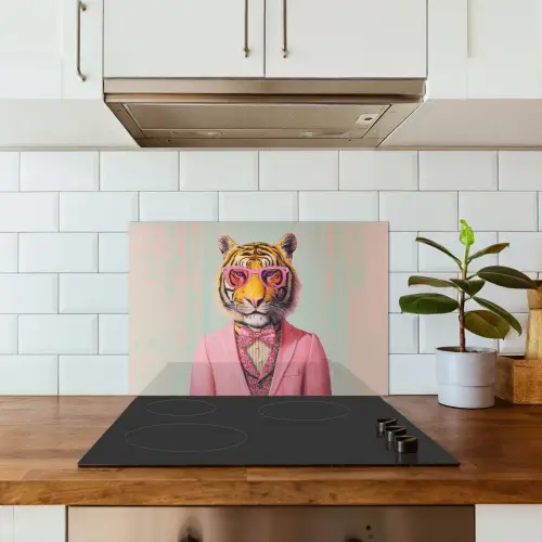 Tijger - Strik - Jasje - Roze keuken achterwand spatscherm klein -sfeer2