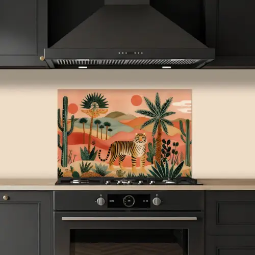 Tijger - Palmen - Cactus - Oranje keuken achterwand spatscherm klein -sfeer1