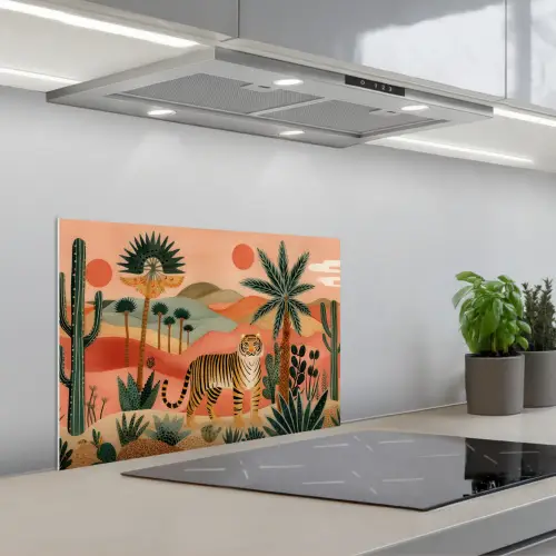 Tijger - Palmen - Cactus - Oranje keuken achterwand spatscherm klein -3d_schuin