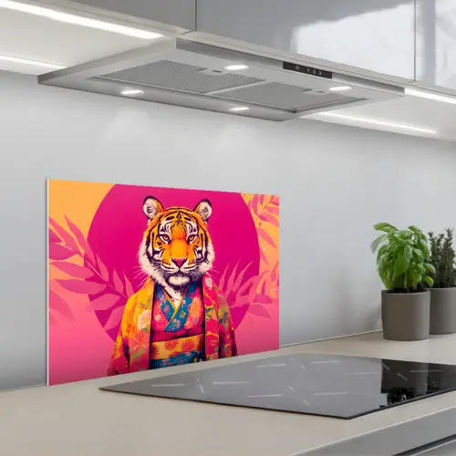 Tijger - Kimono - Planten - Roze keuken achterwand spatscherm klein -3d_schuin