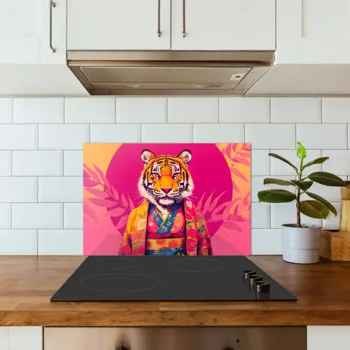 Tijger - Kimono - Planten - Roze keuken achterwand spatscherm klein -sfeer2