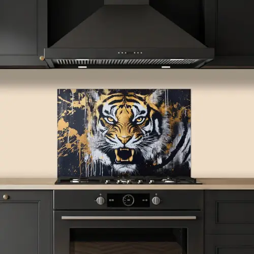 Tijger - Verfspatten - Goud keuken achterwand spatscherm klein -sfeer1