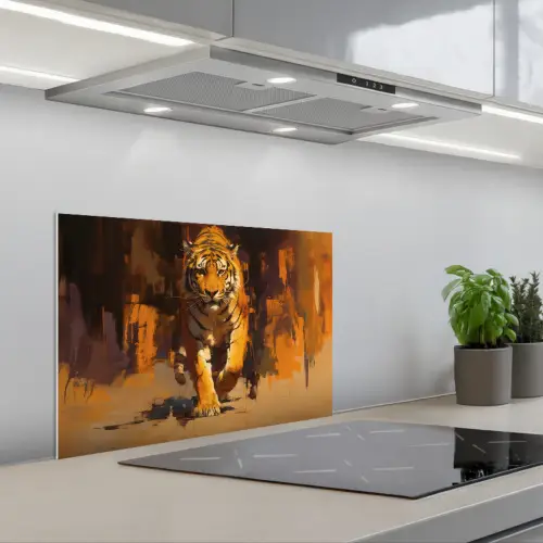 Tijger - Geschilderd - Oranje - Penseelstreken keuken achterwand spatscherm klein -3d_schuin