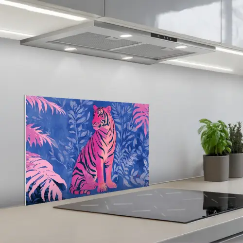 Tijger - Roze - Bladeren - Jungle keuken achterwand spatscherm klein -3d_schuin