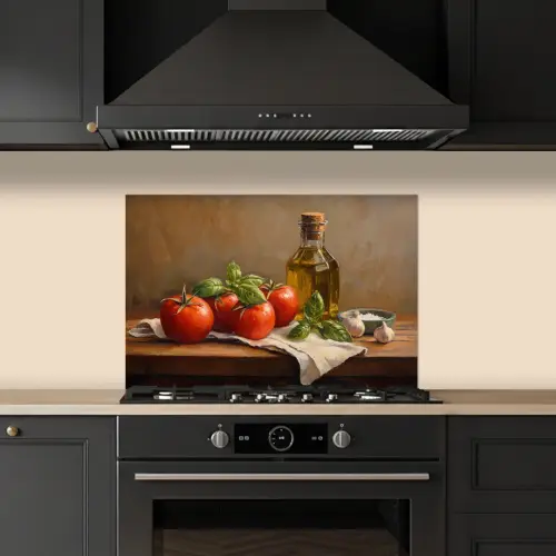Tomaten - Olijfolie - Stilleven keuken achterwand spatscherm klein -sfeer1