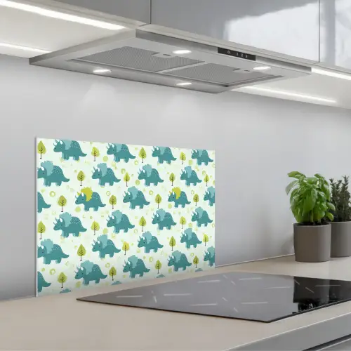 Triceratop - Blauw - Stippen - Boompjes keuken achterwand spatscherm klein -3d_schuin