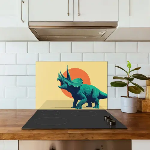 Triceratops - Cirkel - Oranje - Hoorns keuken achterwand spatscherm klein -sfeer2